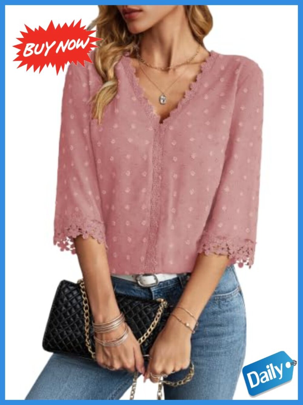 Swiss Dot Blouse 3/4 Sleeve V-Neck Lace Trim Dressy Casual Work Top